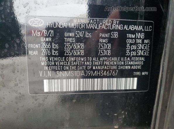 5NMS1DAJ9MH346767 2021 HYUNDAI SANTA Black VIN კოდის სტიკერის ხედი