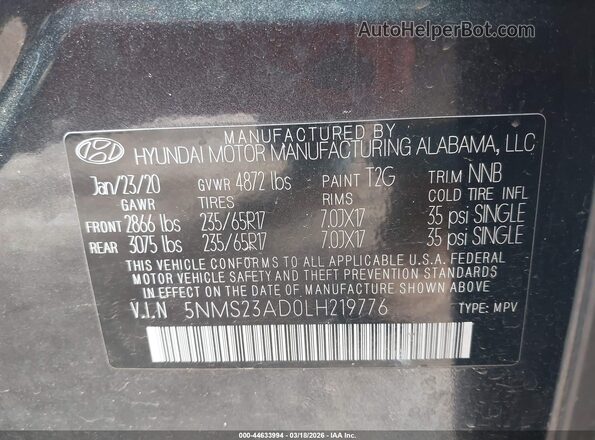 5NMS23AD0LH219776 2020 HYUNDAI SANTA FE Gray Vista del compartimento del motor