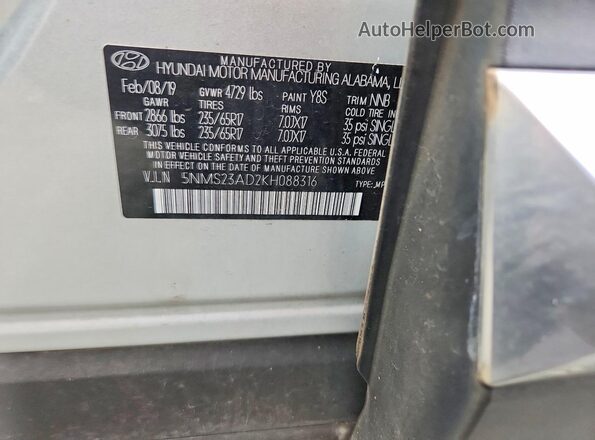 5NMS23AD2KH088316 2019 HYUNDAI SANTA Silver Панорамний вид салону 360°