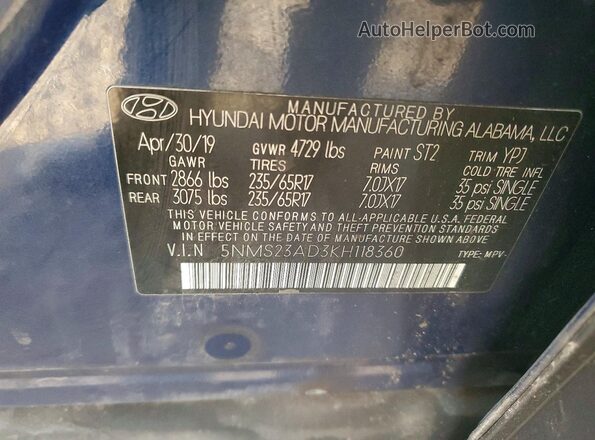 5NMS23AD3KH118360 2019 HYUNDAI SANTA Синий 