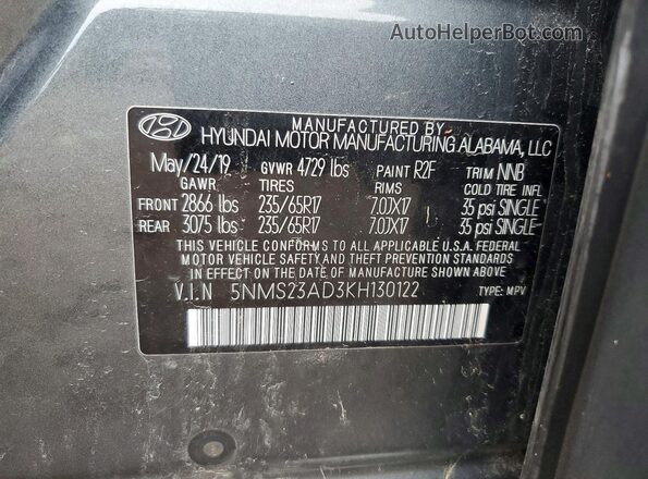 5NMS23AD3KH130122 2019 HYUNDAI SANTA Gray Vista de la etiqueta del VIN