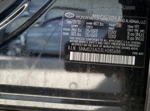 5NMS23AD3LH285688 2020 HYUNDAI SANTA Black VIN sticker view