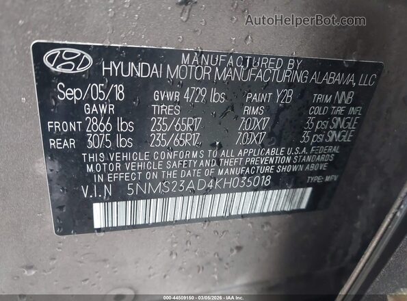5NMS23AD4KH035018 2019 HYUNDAI SANTA FE Gray 