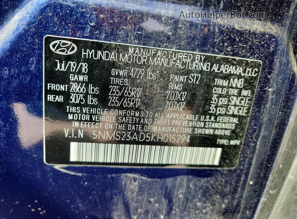 5NMS23AD5KH015294 2019 HYUNDAI SANTA Синий Вид наклейки с VIN-кодом