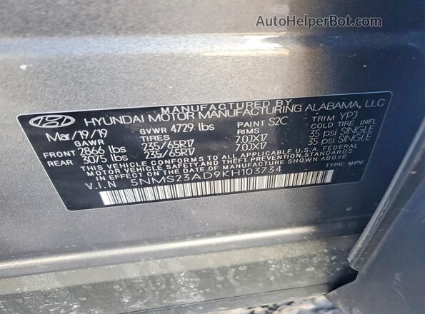 5NMS23AD9KH103734 2019 HYUNDAI SANTA Серый 