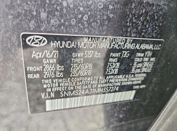 5NMS24AJ1MH357274 2021 HYUNDAI SANTA Gray VIN կոդի պիտակի տեսք