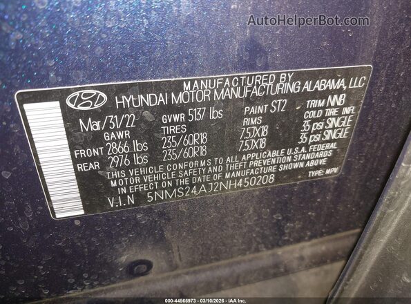 5NMS24AJ2NH450208 2022 HYUNDAI SANTA FE Синий Вид подкапотного пространства