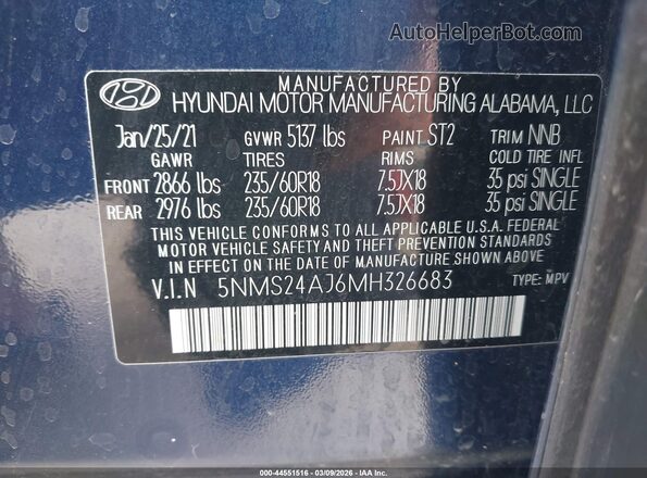 5NMS24AJ6MH326683 2021 HYUNDAI SANTA FE Blue Engine compartment view