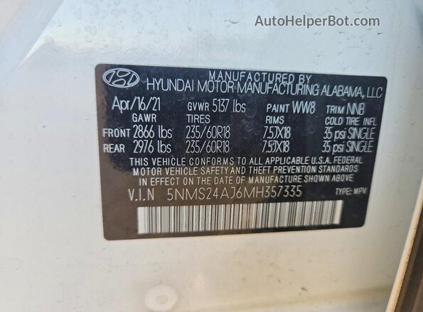 5NMS24AJ6MH357335 2021 HYUNDAI SANTA White VIN կոդի պիտակի տեսք