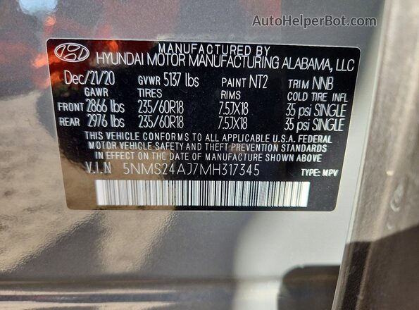 5NMS24AJ7MH317345 2021 HYUNDAI SANTA Gray Вид підкапотного простору