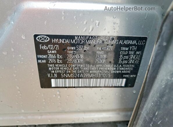 5NMS24AJ9MH330095 2021 HYUNDAI SANTA Silver VIN կոդի պիտակի տեսք