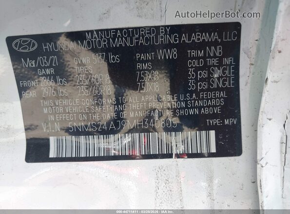 5NMS24AJ9MH340805 2021 HYUNDAI SANTA FE White Շարժիչի բաժամունքի տեսք
