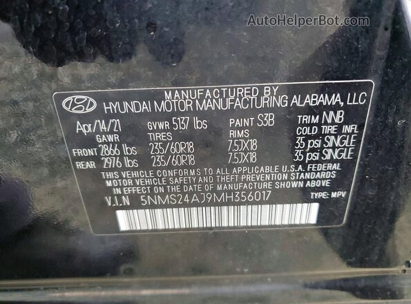 5NMS24AJ9MH356017 2021 HYUNDAI SANTA Black Панорамний вид салону 360°