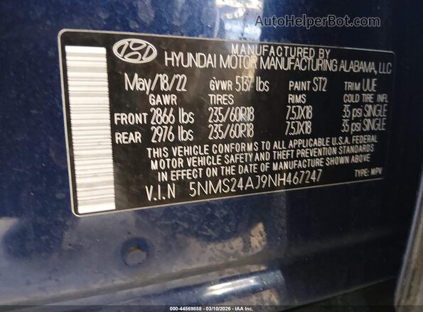 5NMS24AJ9NH467247 2022 HYUNDAI SANTA FE Blue Widok komory silnika