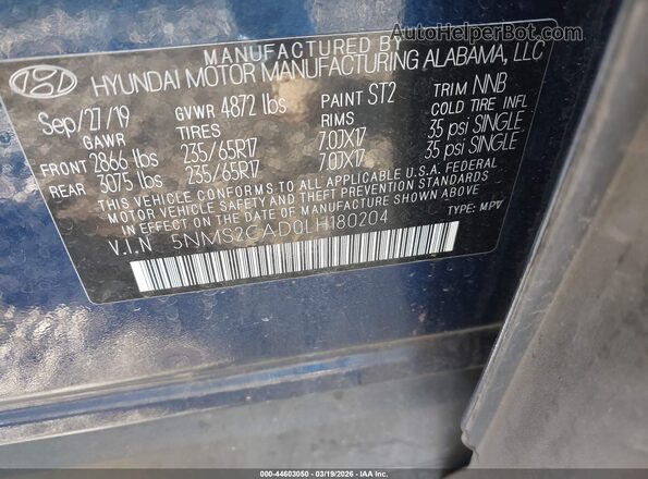5NMS2CAD0LH180204 2020 HYUNDAI SANTA FE Blue Вид підкапотного простору