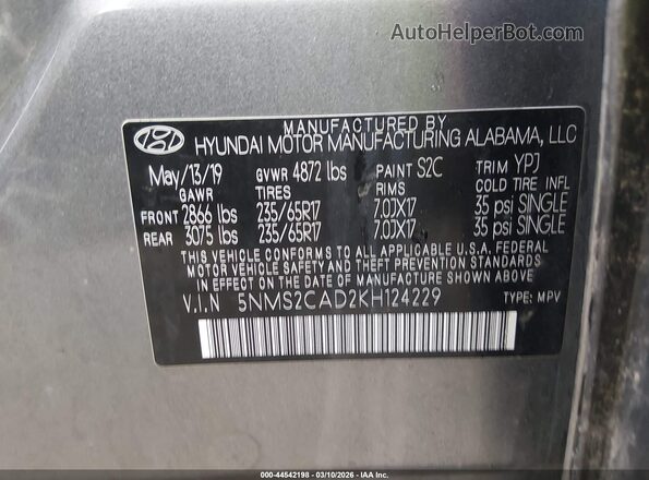 5NMS2CAD2KH124229 2019 HYUNDAI SANTA FE Gray 