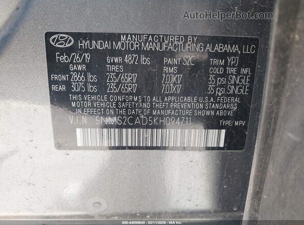 5NMS2CAD5KH094711 2019 HYUNDAI SANTA FE Gray 