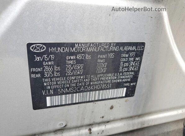 5NMS2CAD6KH078551 2019 HYUNDAI SANTA Silver 