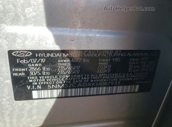 5NMS2CADXKH087933 2019 HYUNDAI SANTA Silver 