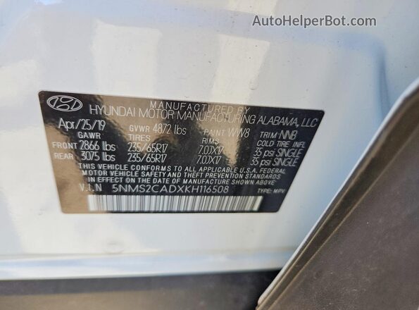 5NMS2CADXKH116508 2019 HYUNDAI SANTA White Vista del compartimento del motor