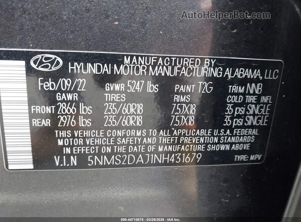 5NMS2DAJ1NH431679 2022 HYUNDAI SANTA FE Gray Engine compartment view