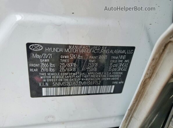 5NMS2DAJ3MH369152 2021 HYUNDAI SANTA White VIN կոդի պիտակի տեսք