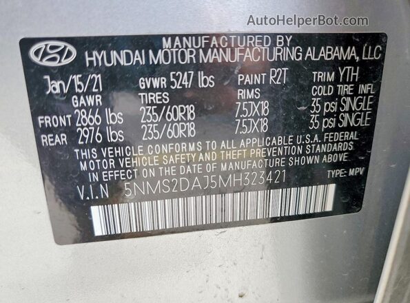 5NMS2DAJ5MH323421 2021 HYUNDAI SANTA Silver VIN կոդի պիտակի տեսք