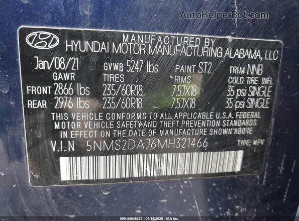 5NMS2DAJ6MH321466 2021 HYUNDAI SANTA FE Blue Vista del compartimento del motor