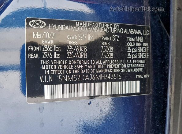 5NMS2DAJ6MH343516 2021 HYUNDAI SANTA Blue VIN կոդի պիտակի տեսք
