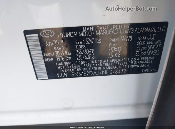 5NMS2DAJ7NH378437 2022 HYUNDAI SANTA FE White Вид підкапотного простору