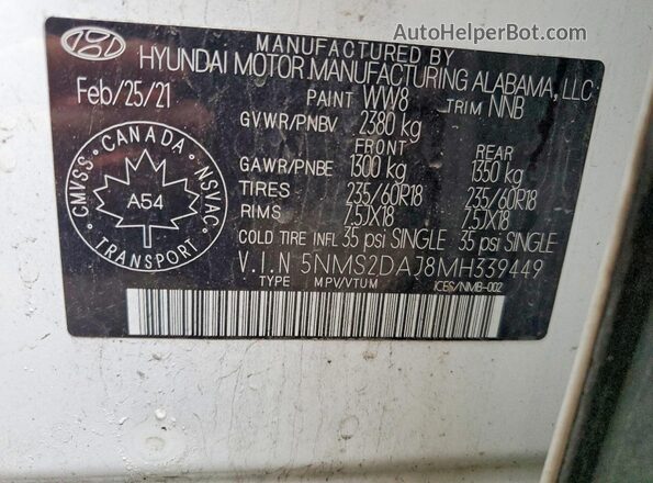 5NMS2DAJ8MH339449 2021 HYUNDAI SANTA White Սալոնի 360 աստիճան տեսք
