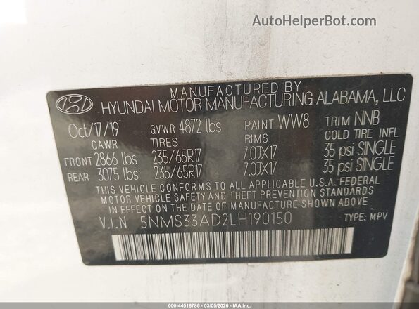 5NMS33AD2LH190150 2020 HYUNDAI SANTA FE White Widok komory silnika