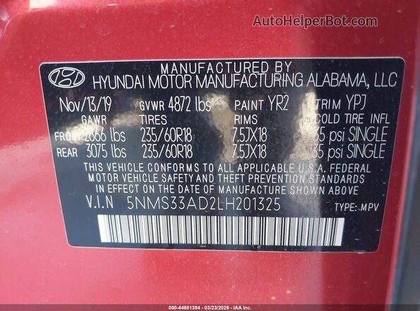 5NMS33AD2LH201325 2020 HYUNDAI SANTA FE Red Widok komory silnika