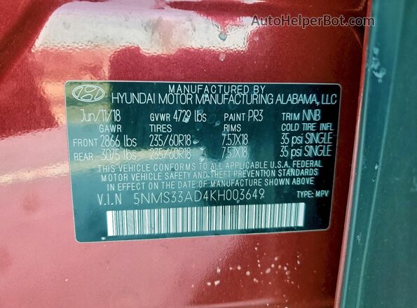 5NMS33AD4KH003649 2019 HYUNDAI SANTA Red 
