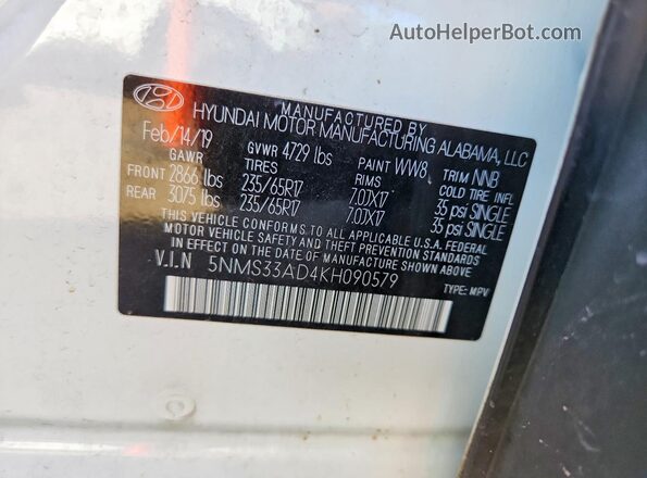 5NMS33AD4KH090579 2019 HYUNDAI SANTA White 