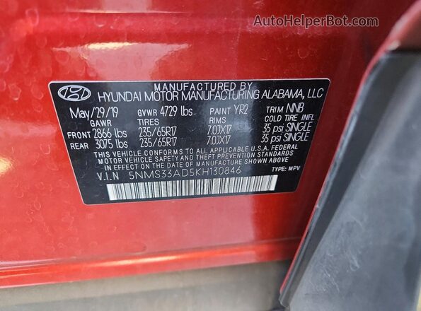 5NMS33AD5KH130846 2019 HYUNDAI SANTA Orange 