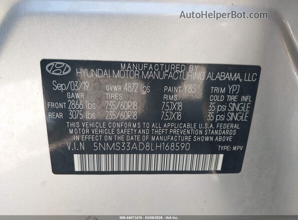 5NMS33AD8LH168590 2020 HYUNDAI SANTA FE Silver Widok komory silnika
