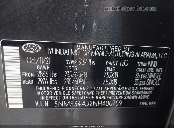 5NMS34AJ2NH400759 2022 HYUNDAI SANTA FE Gray Շարժիչի բաժամունքի տեսք