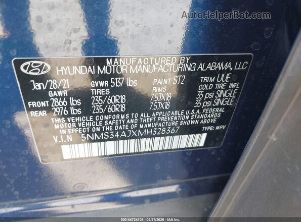 5NMS34AJXMH328367 2021 HYUNDAI SANTA FE Blue Widok komory silnika