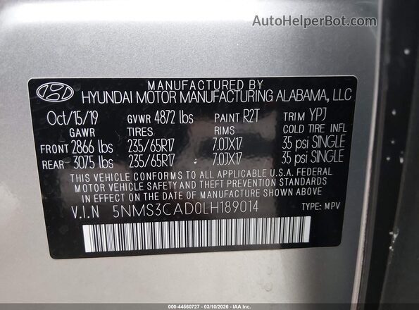 5NMS3CAD0LH189014 2020 HYUNDAI SANTA FE Gray Vista del compartimento del motor