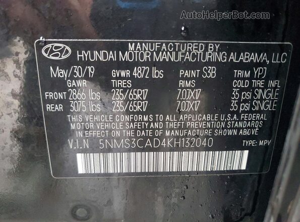 5NMS3CAD4KH132040 2019 HYUNDAI SANTA Black 