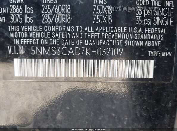 5NMS3CAD7KH032109 2019 HYUNDAI SANTA FE Black 