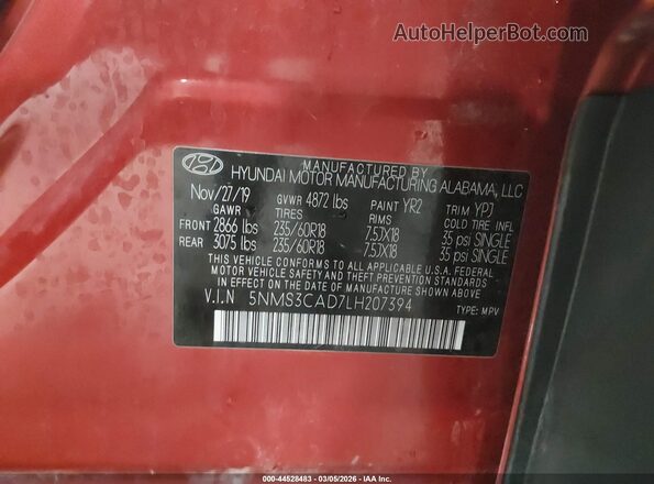 5NMS3CAD7LH207394 2020 HYUNDAI SANTA FE Orange ძრავის განყოფილების ხედი