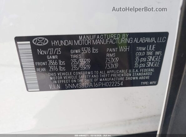 5NMS3DA16PH022254 2023 HYUNDAI SANTA FE HYBRID White Вид підкапотного простору