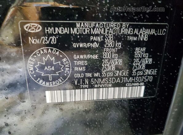 5NMS3DAJ1MH307570 2021 HYUNDAI SANTA Black VIN կոդի պիտակի տեսք