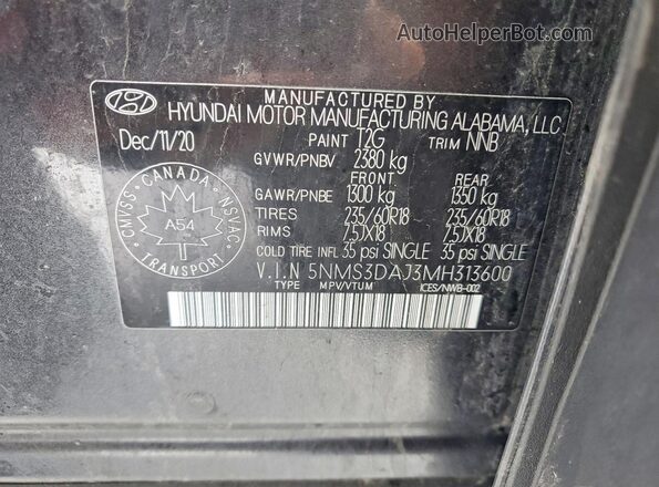 5NMS3DAJ3MH313600 2021 HYUNDAI SANTA Charcoal Vista de la etiqueta del VIN