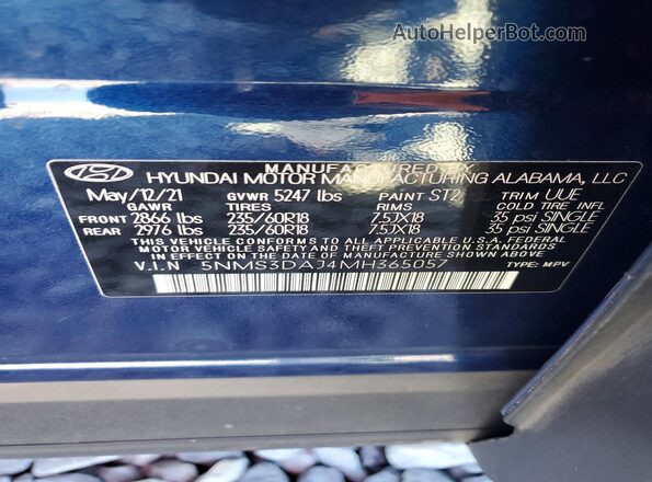 5NMS3DAJ4MH365057 2021 HYUNDAI SANTA Blue Շարժիչի բաժամունքի տեսք