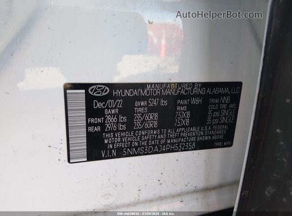 5NMS3DAJ4PH532358 2023 HYUNDAI SANTA FE Белый 