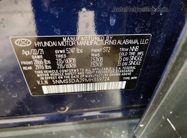 5NMS3DAJ9MH359724 2021 HYUNDAI SANTA Blue 