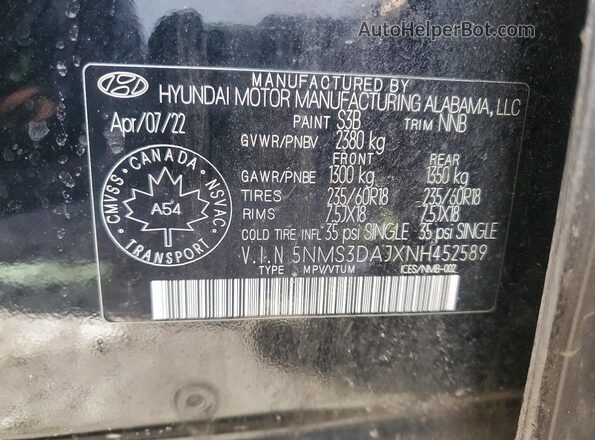 5NMS3DAJXNH452589 2022 HYUNDAI SANTA Black Вид наклейки з VIN-кодом